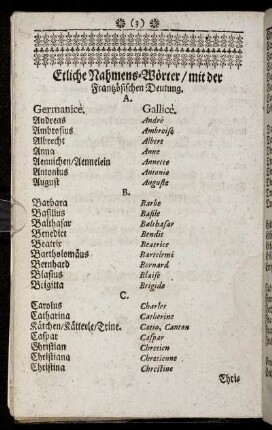 Etliche Nahmens-Wörter/ mit der Französischen Deutung.