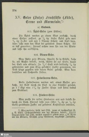 XV. Gelee (Sulze), Fruchtsäfte (Fülle), Creme und Marmelade