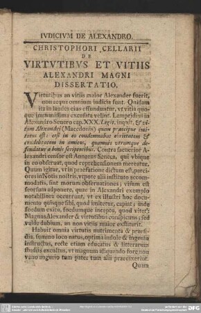 Christophori Cellarii De Virtutibus Et Vitiis Alexandri Magni Dissertatio