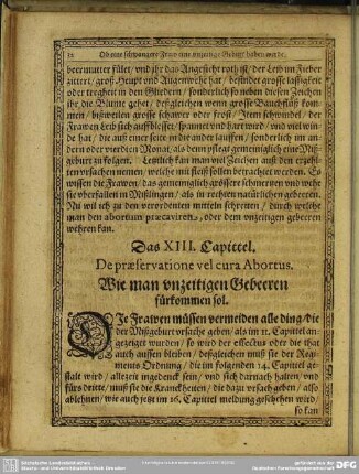 Das XIII. Capittel. De praeservatione vel cura Abortus