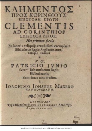 Klēmentos Pros Korinthius Epistolē Prōtē = Clementis Ad Corinthios Epistola Prior