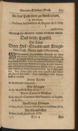 Das dritte Capitel. Die Titul Derer Hof- Staats- und Kriegs-Ministren, ...
