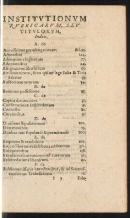 Institutionum Rubricarum, Seu Titulorum, Index.