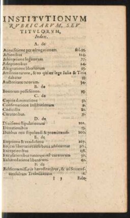 Institutionum Rubricarum, Seu Titulorum, Index.