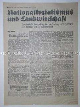 Flugblatt mit dem Abdruck eines Artikels aus dem "Völkischen Beobachter" zur Landwirtschaftspolitik der NSDAP