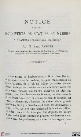 Sér. 2: Notice sur une découverte de statues en Marbre a Khamissa (thubursicum numidarum)