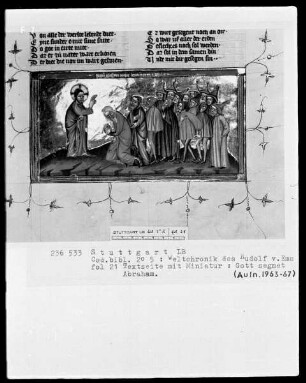 Weltchronik des Rudolf von Ems — Gott segnet Abraham, Folio 21recto