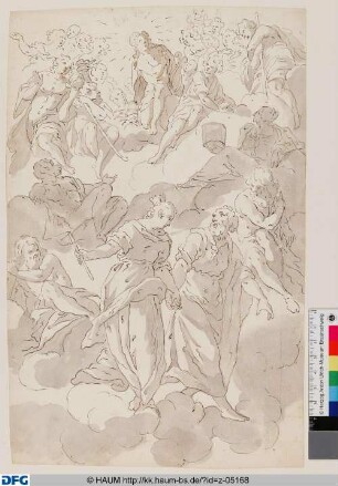 Eine Stadtgöttin an der Hand eines bärtigen Mannes auf Wolken schreitend, oben Apollo mit der Leier