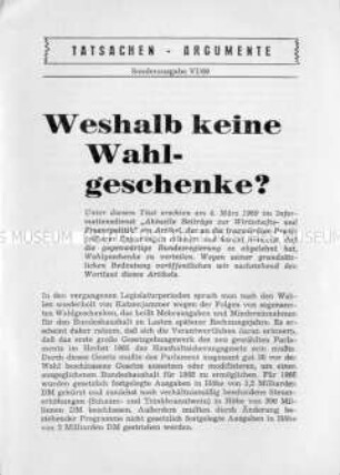 Beitrag aus der Schriftenreihe der SPD "Tatsachen und Argumente" zur Bundestagswahl