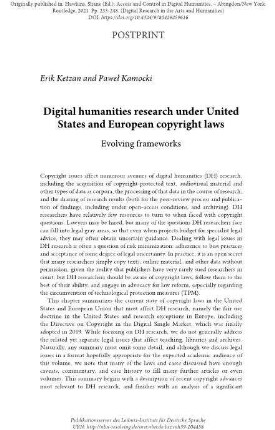 Digital humanities research under United  States and European copyright laws. Evolving frameworks