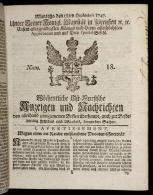 Num. 18. Montags den 18ten Decembris 1747.