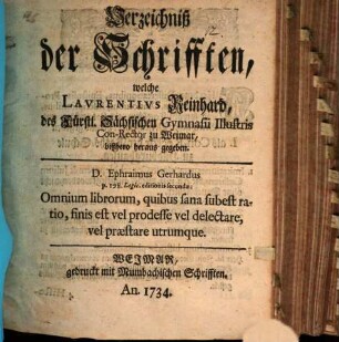Verzeichniß der Schrifften, welche Laur. Reinhard ... bishero herausgegeben