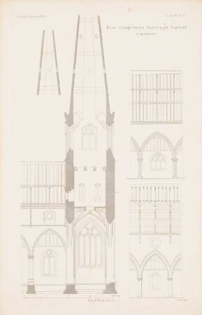 Evangelische Kirchen in England: Längsschnitte (aus: Atlas zur Zeitschrift für Bauwesen, hrsg. v. G. Erbkam, Jg. 8, 1858)