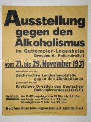 Veranstaltungsplakat zu einer Ausstellung gegen den Alkoholismus in Dresden