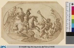 Römischer Feldherr zu Pferd im Begriff, über einen Fluss zu setzen (Caesar am Rubikon?)