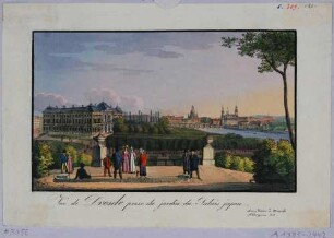 Stadtansicht von Dresden, Blick vom Wall des Gartens des Japanischen Palais auf das Japanische Palais und die Altstadt, im vordergrund Spaziergänger