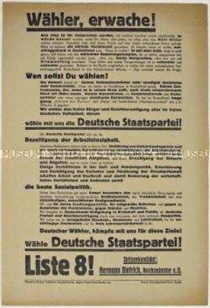 Großformatiges Flugblatt der Deutschen Staatspartei zur Reichstagswahl 1932