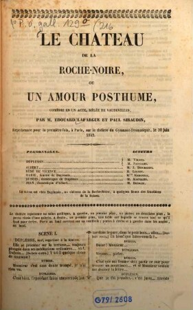 Le château de la roche noire, ou un amour posthume : Comédie en un acte, mêlée de vaudeville