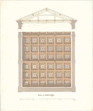 Bühlmann, Josef; Wohlhausen; Pfarrkirche - Mittelschiff - Decke (Teilgrundriss m. Teilansicht); Dachstuhl (Querschnitt)