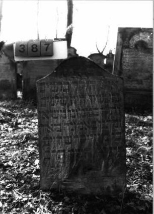 Grabstein 387 (Index: 100115706) Material: Sandstein Zustand: verwittert mit Textverlust Maße HxBxT: 95x55x11 cm Beschreibung: Stele mit eingezogenem Segmentbogenabschluß: Grabstein 387