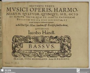 Secundvs Tomvs Mvsici operis, harmoniarvm : qvatvor, qvinqve, sex, octo et plvrivm vocvm, qvae ex sancto catholicae ecclesiae vsv ita svnt dispositae, vt omni tempore inferuire queant