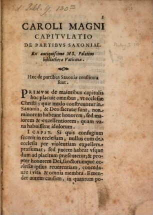 Caroli Magni Capitulatio De Partibus Saxoniae : Ex antiquissimo Ms. Palatino bibliothecae Vaticanae