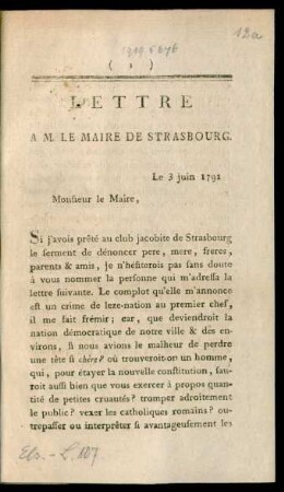 Lettre À M. Le Maire De Strasbourg : Le 3 juin 1791.
