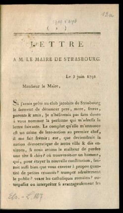 Lettre À M. Le Maire De Strasbourg : Le 3 juin 1791.