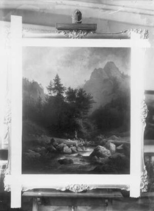 Gebirgslandschaft mit Wasserlauf und Flössern
