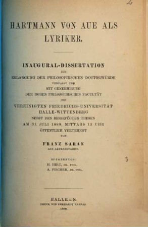 Hartmann von Aue als Lyriker