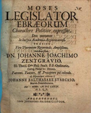 Moses Legislator Ebraeorum Charactere Politico expressus