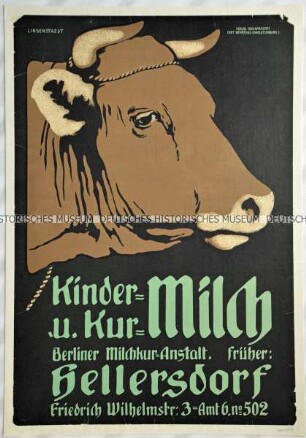 Plakat der Berliner (Hellersdorfer) Milchkuranstalt für sterilisierte Frischmilch zur Ernährung speziell von Kindern und Kranken.