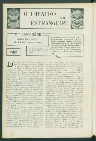 O theatro no estrangeiro : Mme. Sans-Gêne. - Opera em 3 actos de Umberto Giordano
