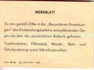 Merkblatt der Nationalen Volksarmee der DDR (NVA) zur Einberufung