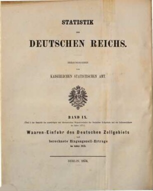 Auswärtiger und überseeischer Waarenverkehr des deutschen Zollgebiets und der Zollausschlüsse. 9 = 1873 (1875)