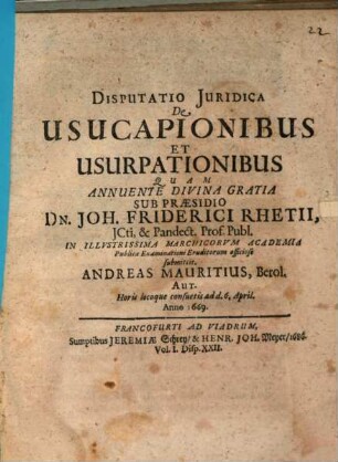 Disp. iur. de usucapionibus et usurpationibus