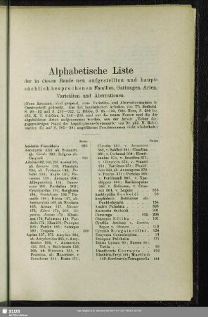 Alphabetische Liste der in diesem Bande neu aufgestellten und hauptsächlich besprochenen Familien, Gattungen, Arten, Varietäten und Aberrationen