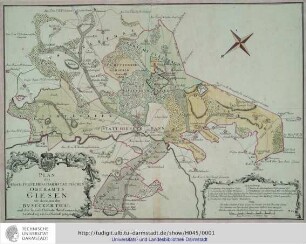 Plan des Hoch. Fvrst. Hess. Darmstattischen Oberamts Giesen wie darinnen der Bvseckerthal und die Teutsch-Ordische Haus Commende Schiffenberg mit dem Neuhoff gelegen. [Zeichner: Andreas Böhm]. o.O.u.J. [Gießen. ca. 1755]