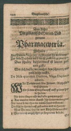 Das Achte Virgilianische Hirten-Lied genant Pharmacevtria.