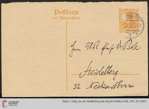 Karte von Aby Moritz Warburg an Franz Boll