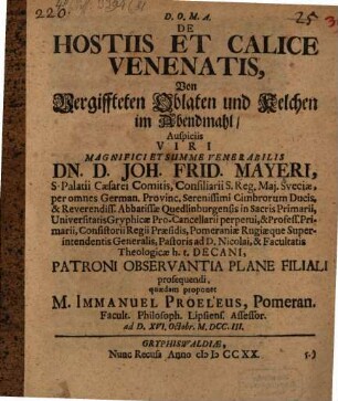 De hostiis et calice venenatis, Von Vergiffteten Oblaten und Kelchen im Abendmahl