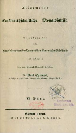 6.1842: Allgemeine Landwirthschaftliche Monatsschrift