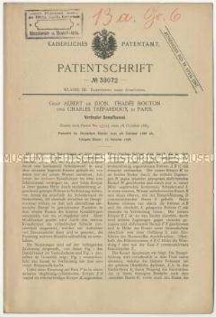 Patentschrift eines vertikalen Dampfkessels, Patent-Nr. 39072