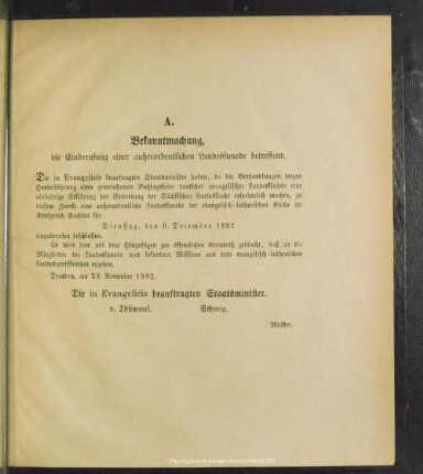 A. Bekanntmachung, die Einberufung einer außerordentlichen Landessynode betreffend