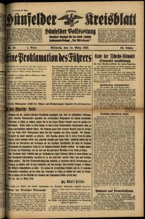 Erste Ausgabe vom Mittwoch, den 15. März 1939.