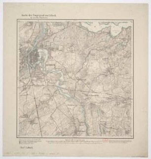 Karte der Umgebung von Lübeck, 1:25 000, Lithographie, 1877 : Karte der Umgegend von Lübeck : in sechs Blättern. - Aufn. 1877, hrsg. 1880. - 1:25 000. - [Berlin] : Königl. Preuss. Landes-Aufnahme , 1880. - 1 Kt. auf 6 Bl. : mehrfarb. ; Blattgr. je 44 x 45 cm. Mit Höhenlinien und Bergstrichen. - Bl. 1 u. d. T.: Curau. - Bl. 2 u. d. T.: Schwartau. - Bl. 3 u. d. T.: Travemünde. - Bl. 4 u. d. T.: Hamberge. - Bl. 5 u. d. T.: Lübeck. - Bl. 6 u. d. T.: Schönberg. - Die Bl. entsprechen d. späteren Meßtischbl. mit d. Nummern 2029-2031 u. 2129-2131