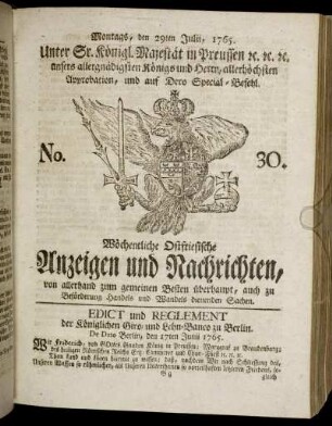No. 30. Montags, den 29ten Julii, 1765.
