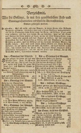 Verzeichnis, Wie die Gesänge, so mit den gewöhnlichen Fest- und Sonntags-Evangelien und Episteln übereinstimmen, können gesungen werden