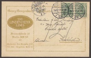 Werbepostkarte "The Lindenmeyr Lines", Georg Gengenbach, Friedrichstraße 16