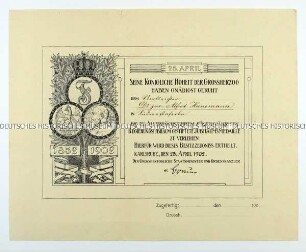 Verleihungsurkunde der Jubiläumsmedaille zum 50jährigen Regierungsjubiläum des Großherzogs Friedrich von Baden an Alfred Hanemann